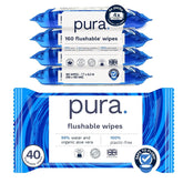 Pura XL Flushable Adult Wipes Unscented Extra Large Wet Wipes with Aloe Vera & 99% Water, Sensitive Skin, 4 Pack of 40 (160 Wipes), Personal Hygiene Toilet