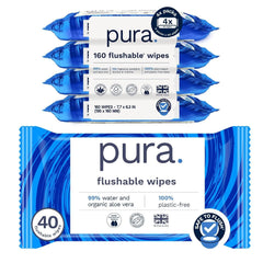 Pura XL Flushable Adult Wipes Unscented Extra Large Wet Wipes with Aloe Vera & 99% Water, Sensitive Skin, 4 Pack of 40 (160 Wipes), Personal Hygiene Toilet
