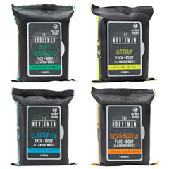 The Nobleman 4-Pack Face + Body Aloe Infused Cleansing Wipes: Post Workout with Eucalyptus Active with Lemon and Sage, Cleansing with Witch Hazel and Cucumber, Energizing with Grapefruit (120 Ct.)