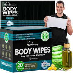 Travel Body Wipes Individually Wrapped for Men - No Rinse Gym Wipes - 20 Ct