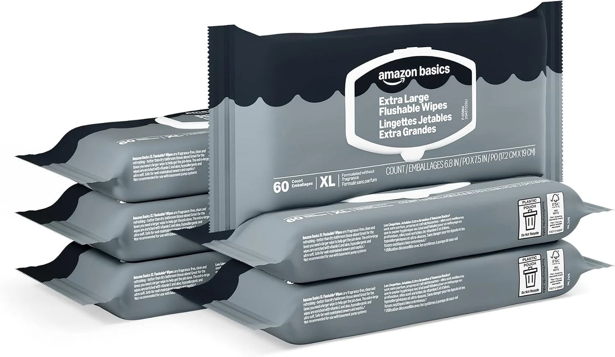 Amazon Basics Extra Large Flushable Wipes, 360 Wipes (6 Packs of 60), Adult Wet Wipes and Resealable Closure, Packaging May Vary