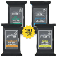 The Nobleman 4-Pack Face + Body Aloe Infused Cleansing Wipes: Post Workout with Eucalyptus Active with Lemon and Sage, Cleansing with Witch Hazel and Cucumber, Energizing with Grapefruit (120 Ct.)