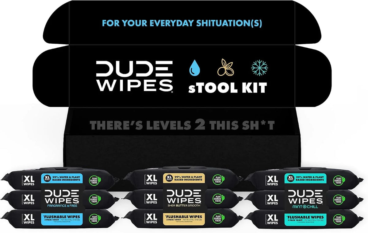 DUDE Wipes Flushable Wipes Variety sTOOL Kit Gift Set for Him - 9 Packs, 432 Total - Mint Chill, Shea Butter & Unscented - Sewer & Septic Safe