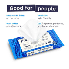 Pura XL Flushable Adult Wipes Unscented Extra Large Wet Wipes with Aloe Vera & 99% Water, Sensitive Skin, 4 Pack of 40 (160 Wipes), Personal Hygiene Toilet