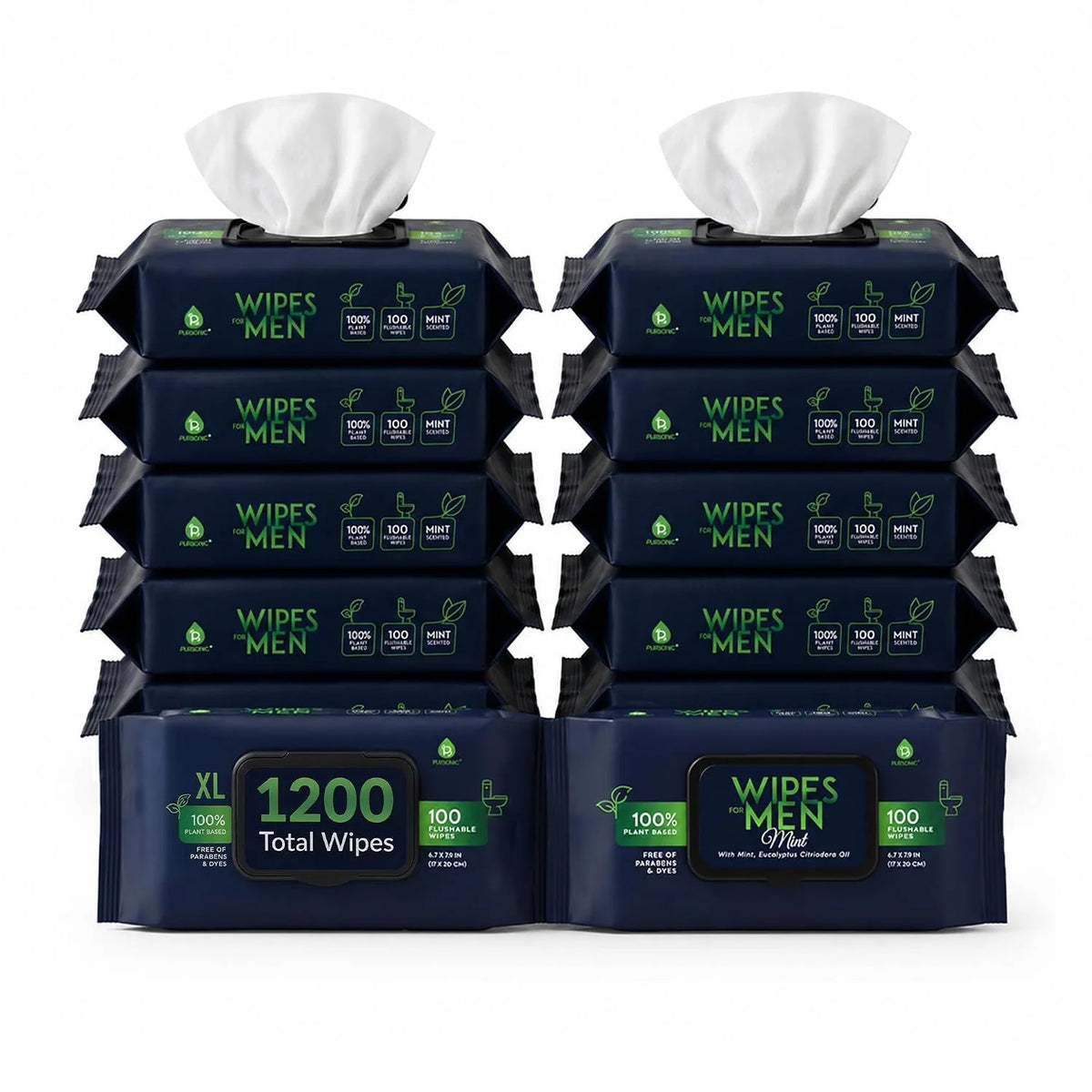 Pursonic Wipes for Men with Scented Soft Mint, Aloe Vera & Vitamin E - Flushable Plant-Based & Alcohol-Free Body & Toilet Wipes for Travel, Gym & Bathroom Use - Extra Large Resealable Pack - 1200 Pcs