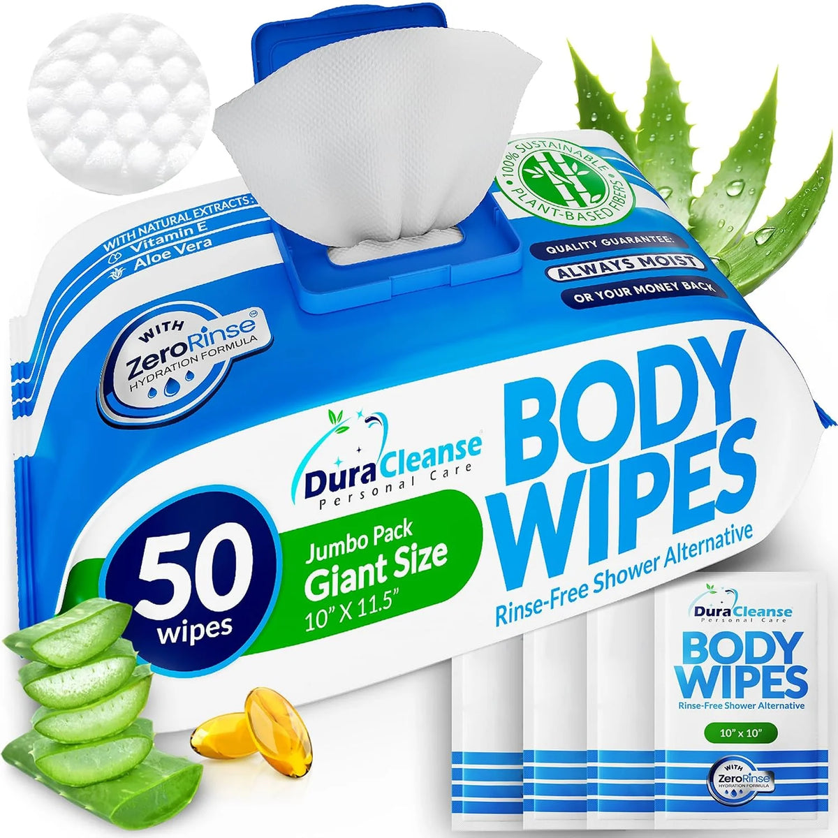 XL Body Wipes for Adults Bathing No Rinse - Shower Wipes & Bath - 50 Ct + 4