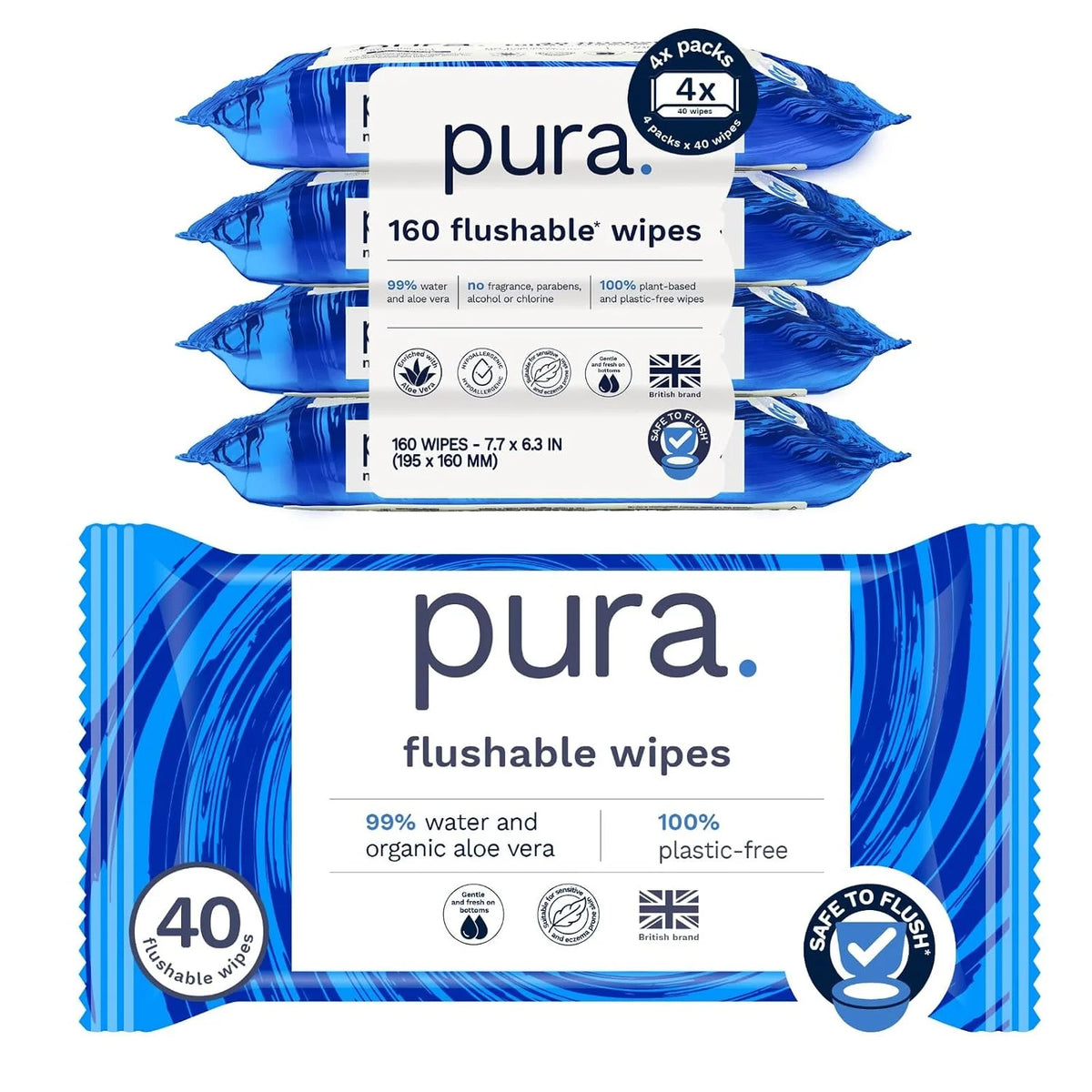 Pura XL Flushable Adult Wipes Unscented Extra Large Wet Wipes with Aloe Vera & 99% Water, Sensitive Skin, 4 Pack of 40 (160 Wipes), Personal Hygiene Toilet