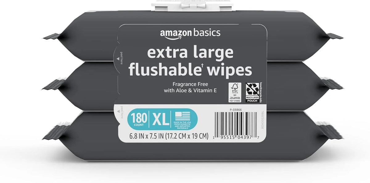 Amazon Basics Extra Large Flushable Wipes, Fragrance Free, pH Balanced, with Vitamin E & Aloe, 60 Count, 3-Pack