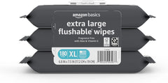 Amazon Basics Extra Large Flushable Wipes, Fragrance Free, pH Balanced, with Vitamin E & Aloe, 60 Count, 3-Pack