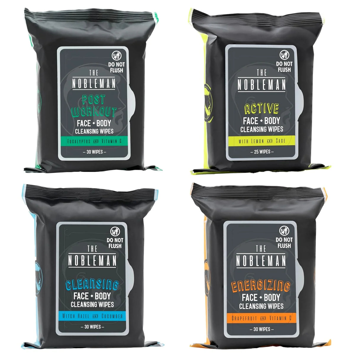 The Nobleman 4-Pack Face + Body Aloe Infused Cleansing Wipes: Post Workout with Eucalyptus Active with Lemon and Sage, Cleansing with Witch Hazel and Cucumber, Energizing with Grapefruit (120 Ct.)