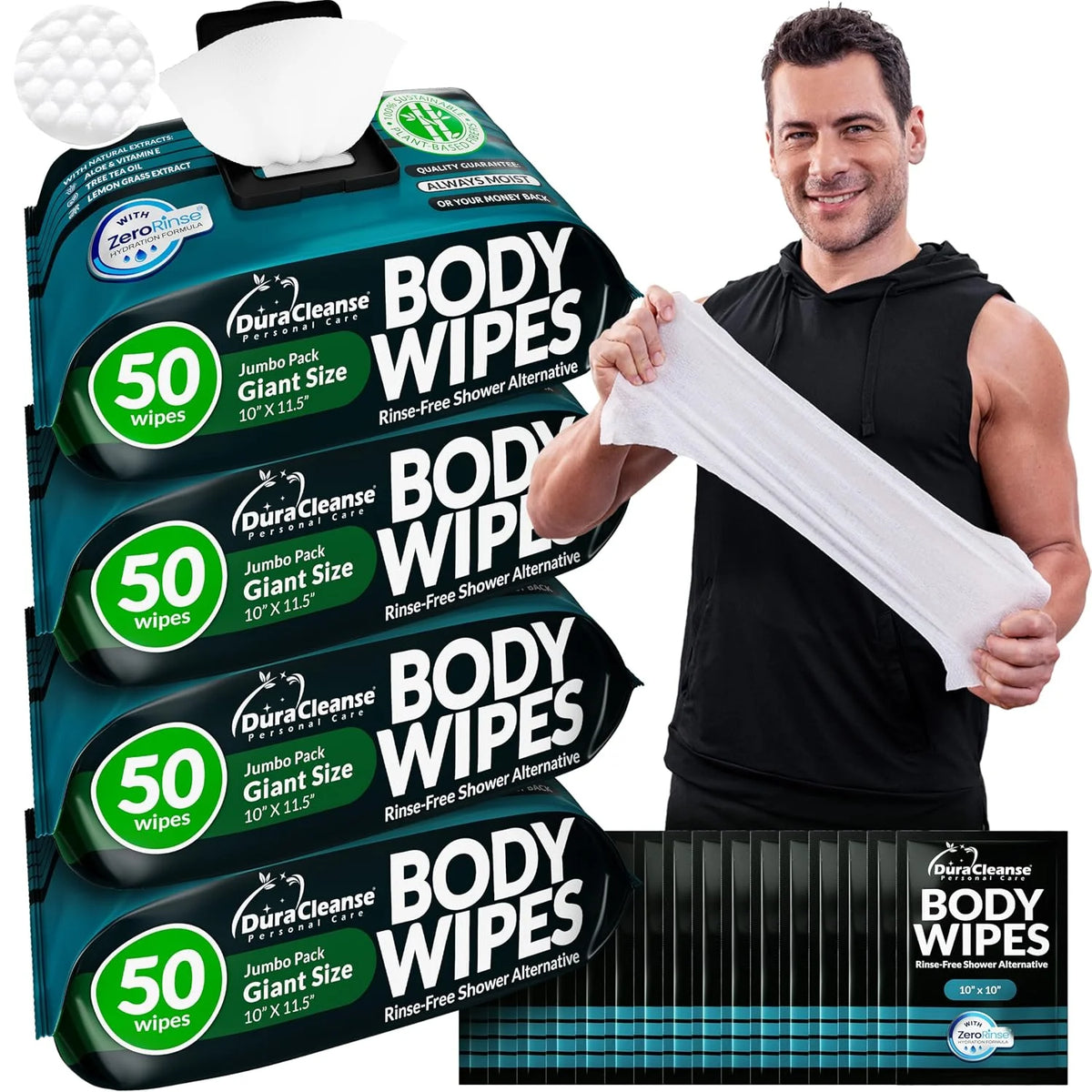 Bulk Body Wipes for Men - Max Clean - No Rinse Shower Wipes - 200 Ct (4pk)