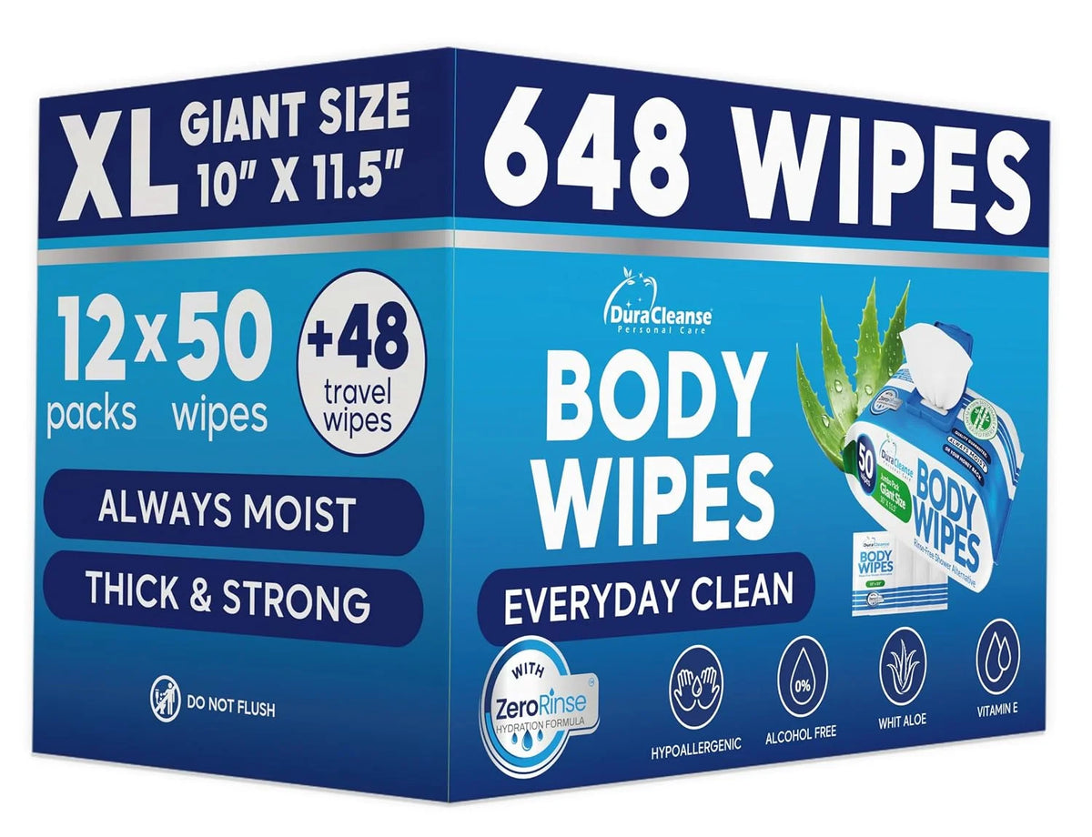 XL Body Wipes Bulk Case - No Rinse Shower Wipes for Adults - 600 Ct 12-Pack