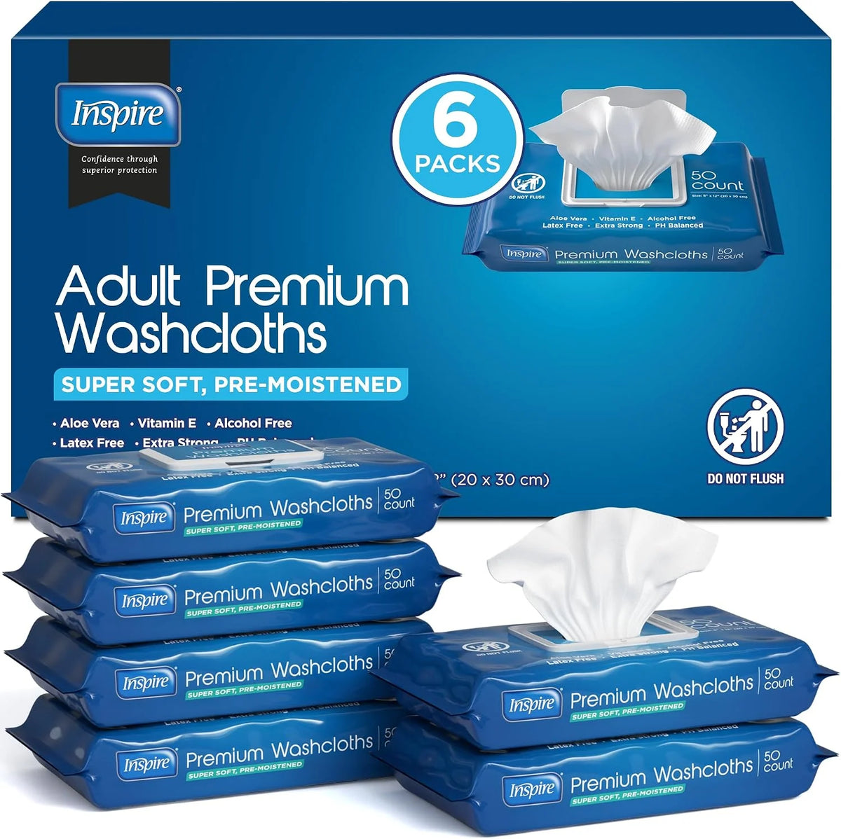 Inspire Adult Wet Wipes, Wash Cloths, Incontinence & Cleansing for Elderly Extra Large, 8"x12" (300 count)