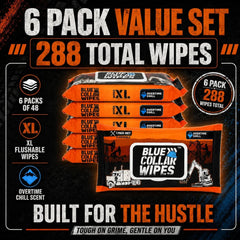 XL Flushable Adult Wet Wipes - Biodegradable, Sewer & Septic Safe - Overtime Chill Scent - 288 Total Wipes (6 Resealable Packs of 48)