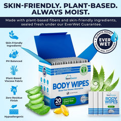 XL Travel Body Wipes - No Rinse Bath Wipes for Adults, Extra Moist - 20 Ct