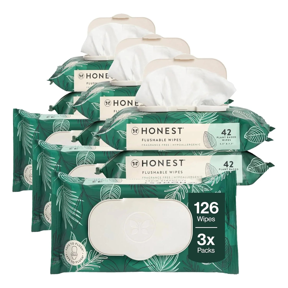 The Honest Company Hypoallergenic Flushable Wipes for Sensitive Skin, Tropical Leaves, 126 Count (Pack of 3)
