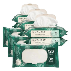 The Honest Company Hypoallergenic Flushable Wipes for Sensitive Skin, Tropical Leaves, 126 Count (Pack of 3)