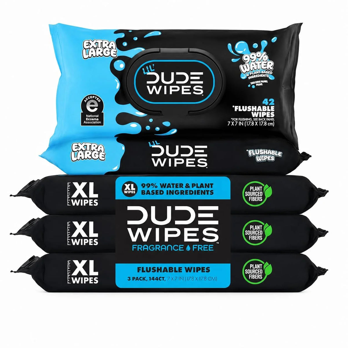DUDE + LiL' DUDE Wipes Flushable Wipes for Sensitive Skin - 99% Water, Unscented, Hole Family Flushing - 3 Pack (144 Count) + 2 Pack (84 Count) - Vitamin E and Aloe - Septic and Sewer Safe