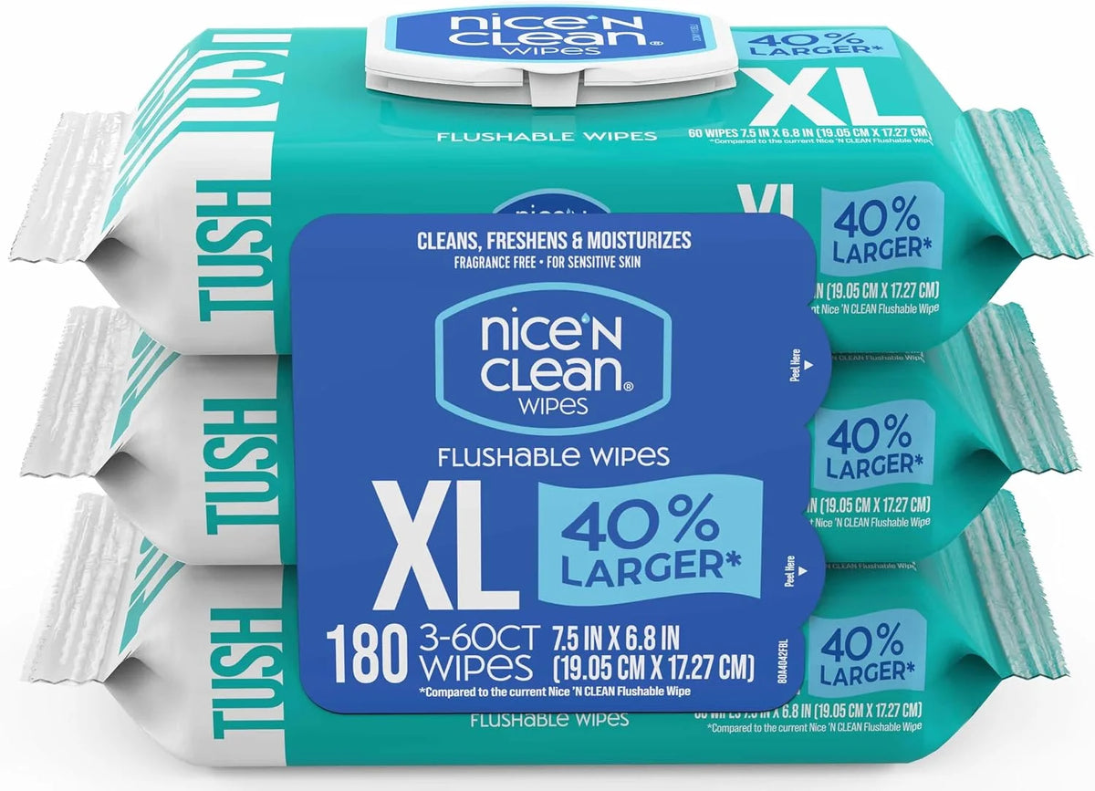 Nice 'N CLEAN Extra Large Flushable Wipes | 40% Larger Wipes | 6.8" x 7.5" Unscented XL Adult Wet Wipes | Septic and Sewer Safe | Fragrance Free, Hypoallergenic, Plant Based | 180 Butt Wipes