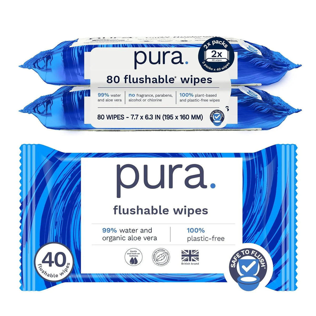 Pura Flushable Adult Wipes XL 80 Count with Aloe Vera Sensitive Skin