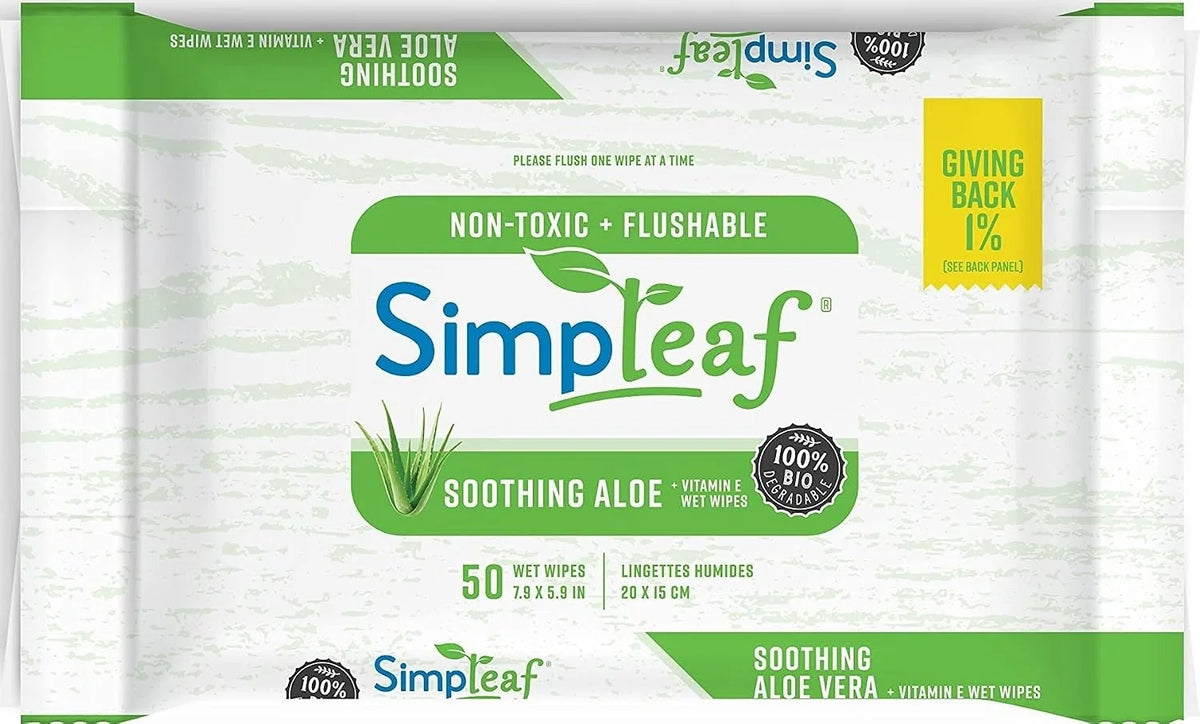 Simpleaf Flushable Wet Wipes | Eco- Friendly, Paraben & Alcohol Free | Hypoallergenic & Safe for Sensitive Skin | Soothing Aloe Vera & Vitamin E Formula | (50-Count) 1 Pack