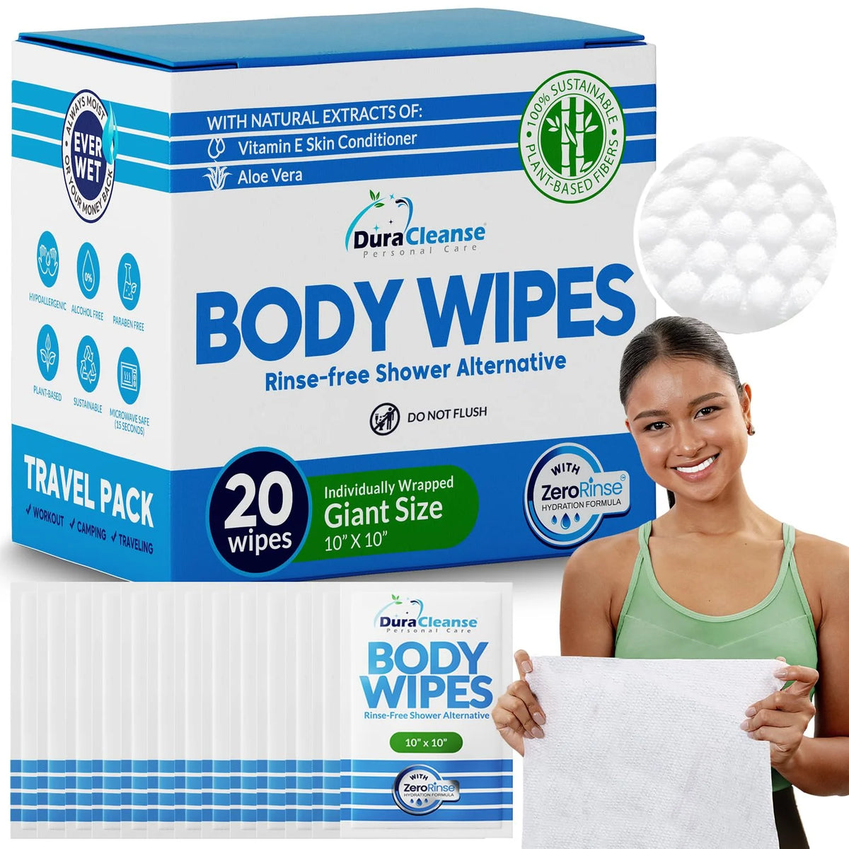 XL Travel Body Wipes - No Rinse Bath Wipes for Adults, Extra Moist - 20 Ct