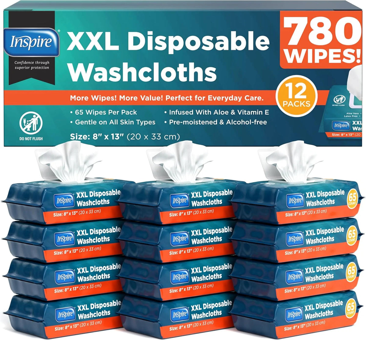 Inspire Adult Wet Wipes, Wash Cloths for Incontinence & Cleansing for Elderly, 8"x13" (780 Count)