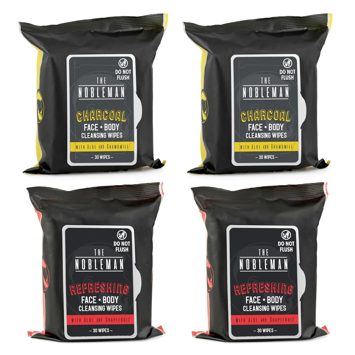 The Nobleman 4-Pack Face + Body Aloe Infused Cleansing Wipes: 2 Charcoal Packs with Chamomile and 2 Refreshing Packs with Grapefruit (120 Ct.), CharcoalRefreshing