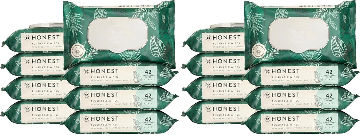 The Honest Company Hypoallergenic Flushable Wipes for Sensitive Skin, Tropical Leaves,42 Count (Pack of 16)
