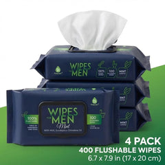 Pursonic Soft Mint Flushable Wipes for Men - 4 Packs of 100ct (400 Total) - Plant-Based Face & Body Wipes with Aloe Vera & Vitamin E - Extra Large for Gentle & Thorough Cleansing