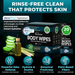 Travel Body Wipes Individually Wrapped for Men - No Rinse Gym Wipes - 20 Ct