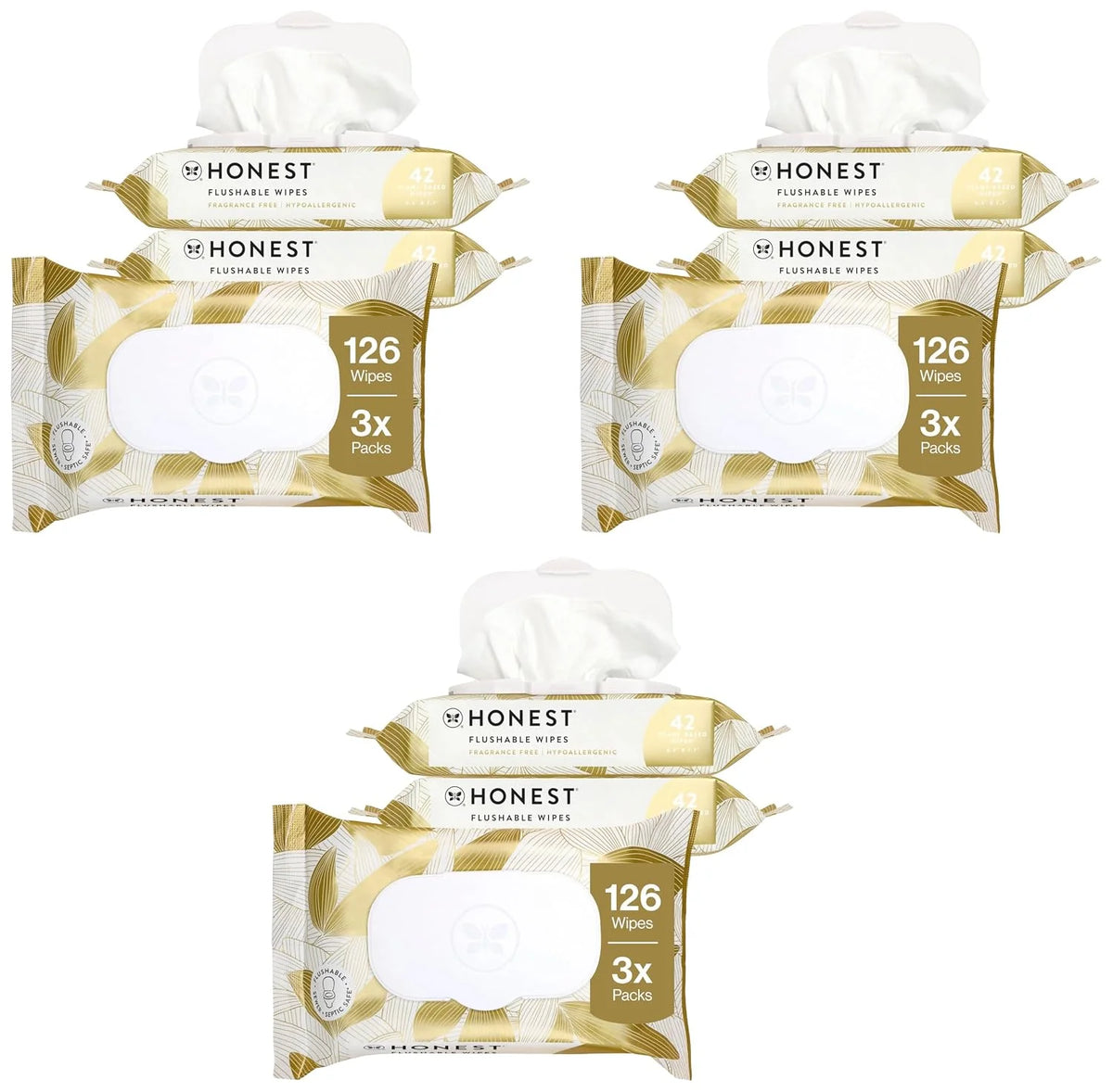 The Honest Company Flushable Wipes for Sensitive Skin, Hypoallergenic, Fragrance-Free, Gilded Wings Design, 126 Count (Pack of 3)