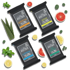 The Nobleman 4-Pack Face + Body Aloe Infused Cleansing Wipes: Post Workout with Eucalyptus Active with Lemon and Sage, Cleansing with Witch Hazel and Cucumber, Energizing with Grapefruit (120 Ct.)