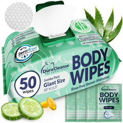 Body Wipes for Women - Gentle - No Rinse Bathing Wipes - 50 Ct + 4 Travel