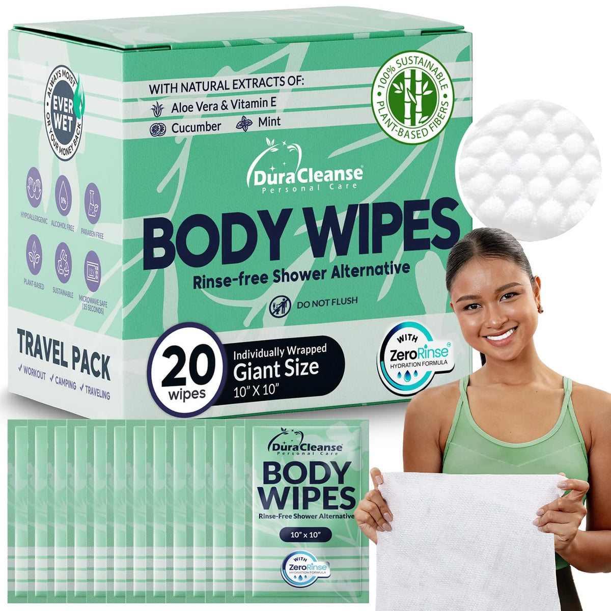 XL Travel Body Wipes for Women - 10"x10" Rinse-Free Bathing Wipes - 20ct
