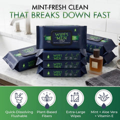 Pursonic Soft Mint Flushable Wipes for Men - 4 Packs of 100ct (400 Total) - Plant-Based Face & Body Wipes with Aloe Vera & Vitamin E - Extra Large for Gentle & Thorough Cleansing